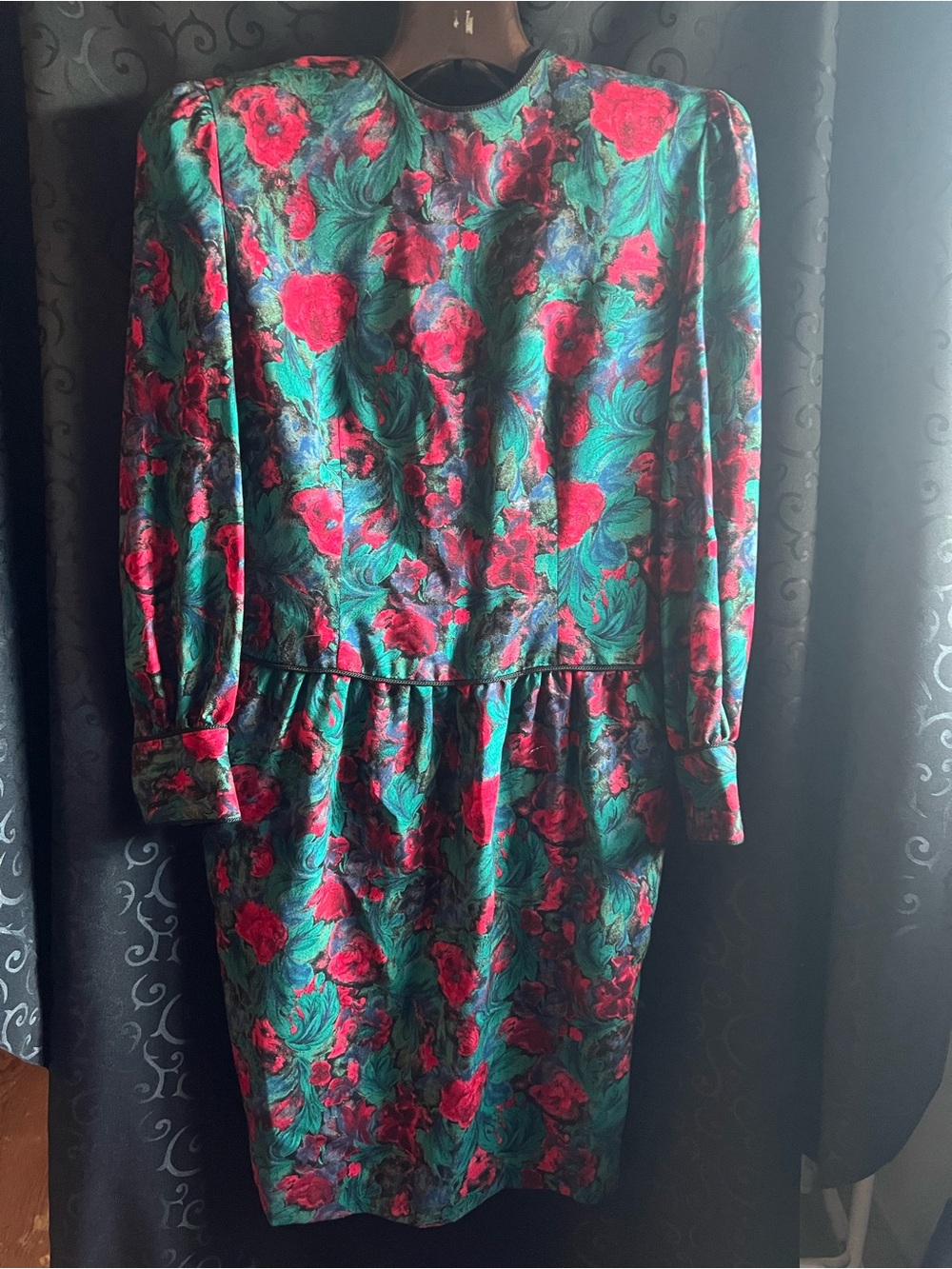 Vintage Rouie Floral Puff-Sleeve Green and Red 100% Wool Dress S
